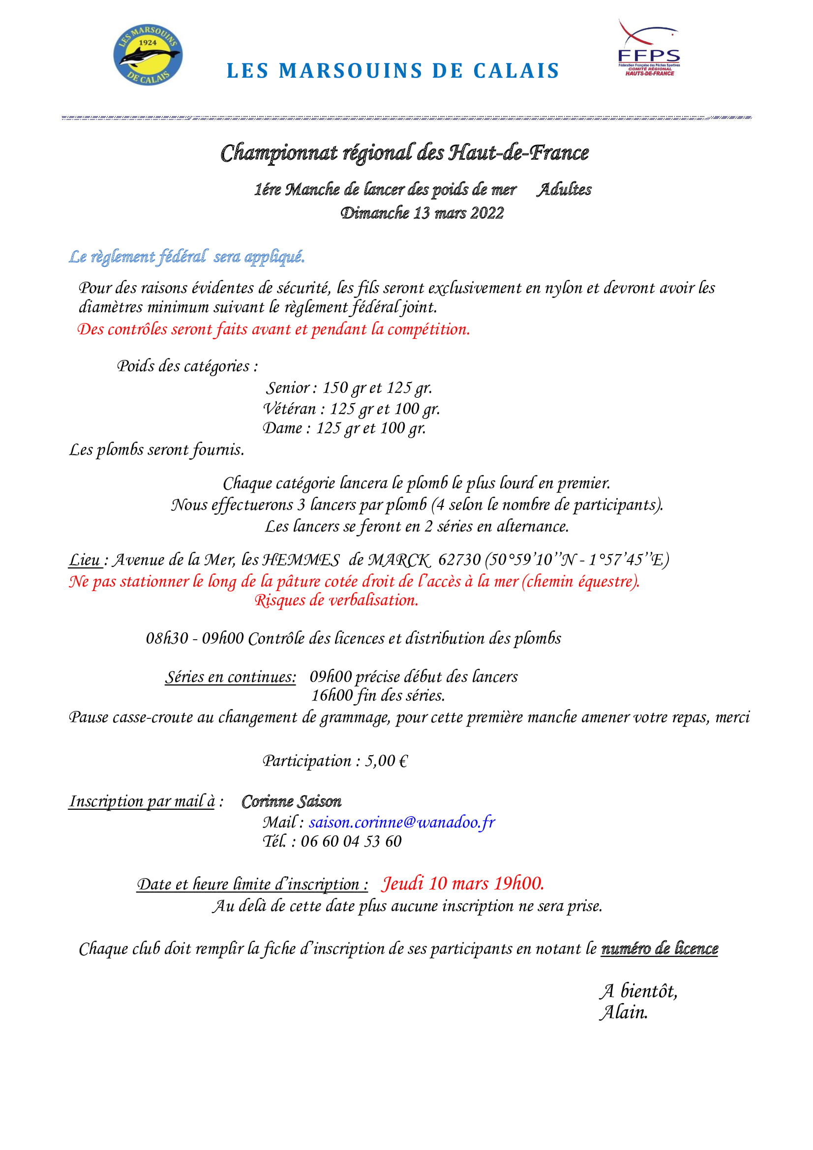Plaquette de la 1ère manche de lancer de poids de mer "adultes" 2022 à Calais (Les Hemmes de Marck)