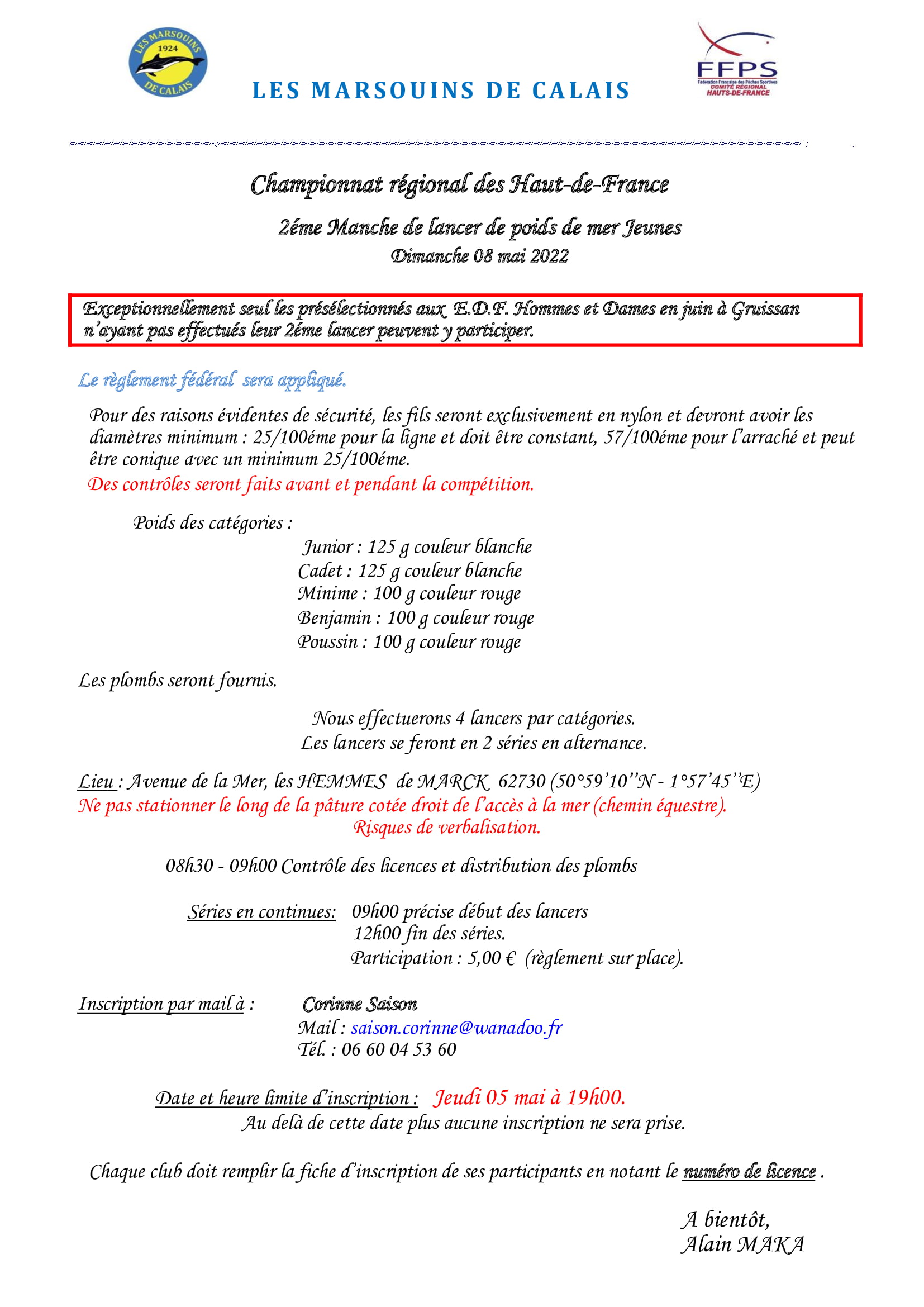 Plaquette de la 2ème manche Lancer de poids de mer "jeunes" - 08/05/2022 - LES HEMMES DE MARCK