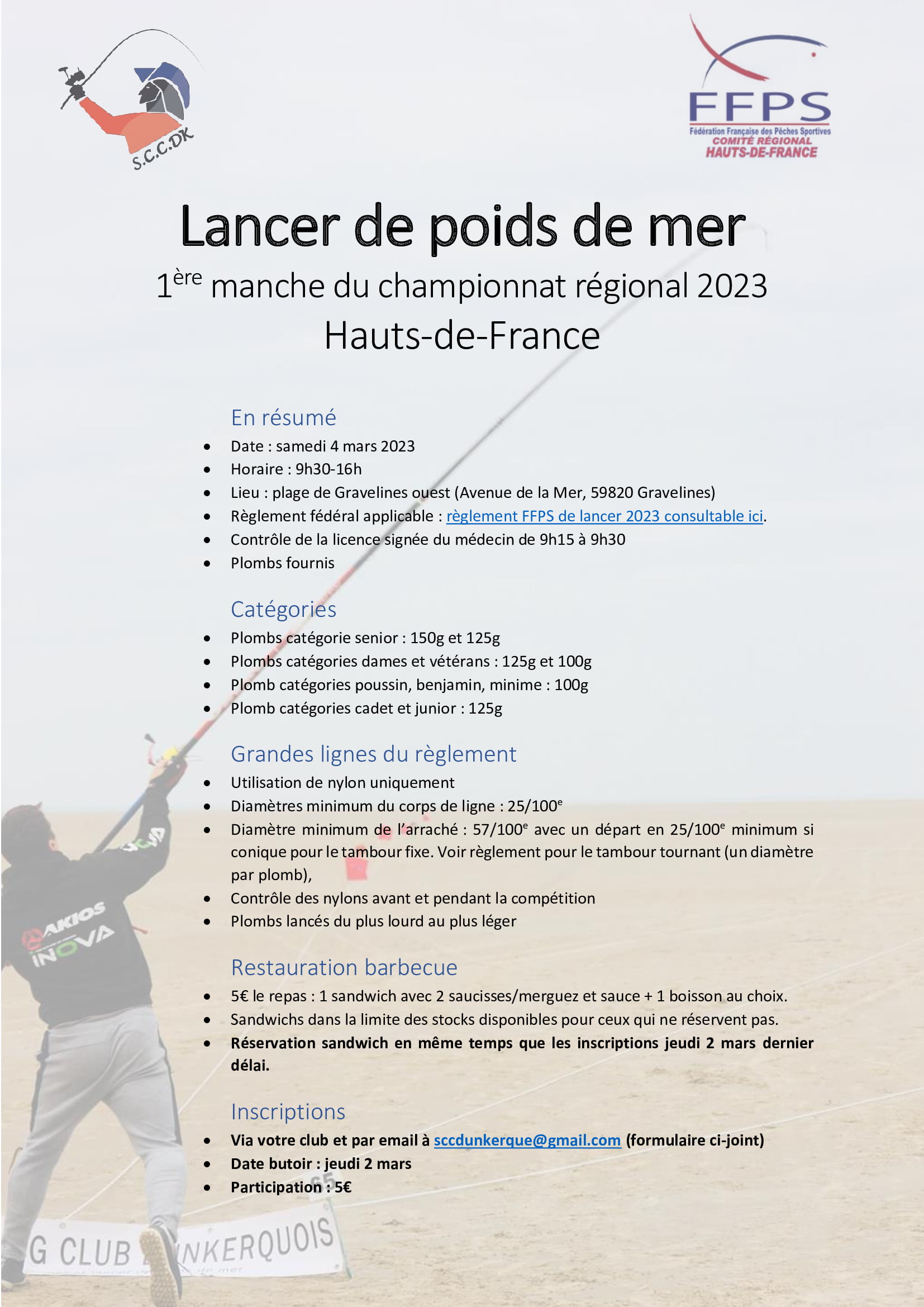 Plaquette de la 1ère manche du Championnat régional des Hauts-de-France de Lancer de Poids de Mer du 04 mars 2023 à Gravelines.