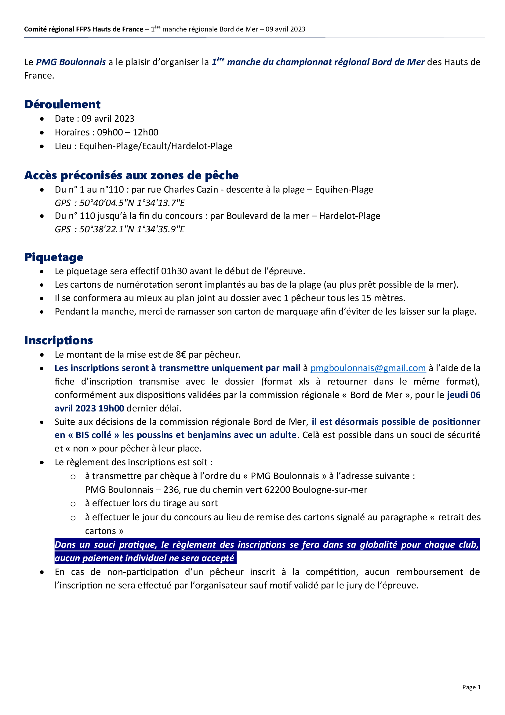 Plaquette 1ère manche régionale de Surfcasting des Hauts-de-France 2023.