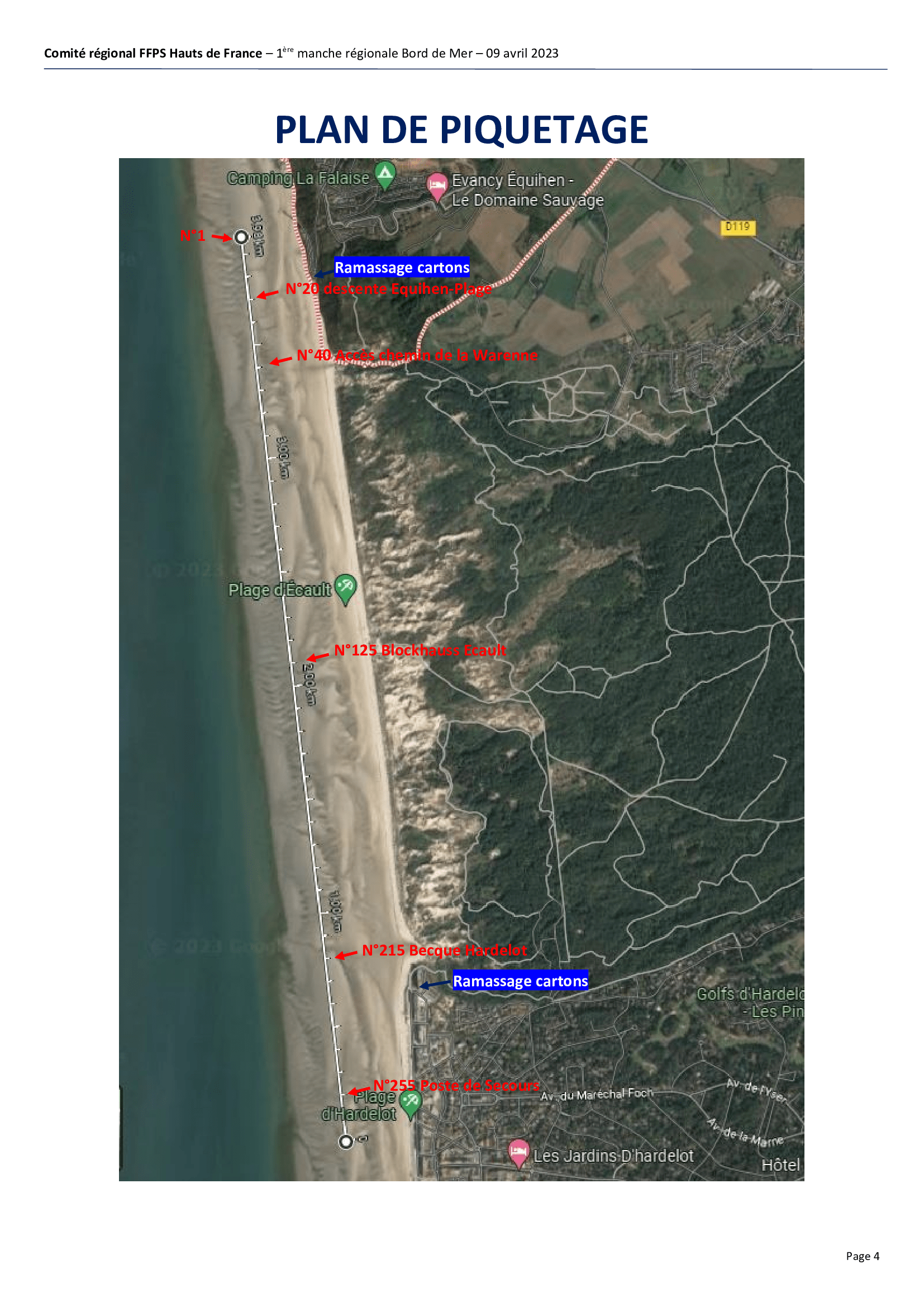 Plan de piquetage de la 1ère manche régionale de Surfcasting des Hauts-de-France 2023.