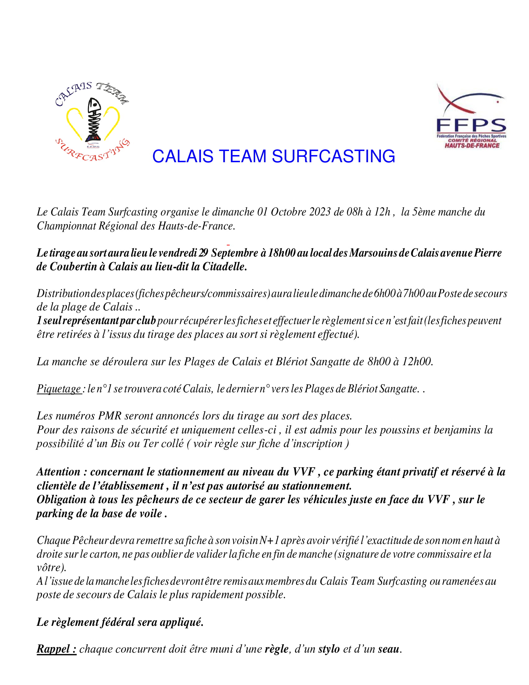 Plaquette de la 5ème Manche Régionale Surfcasting - 01 octobre 2023 - Calais