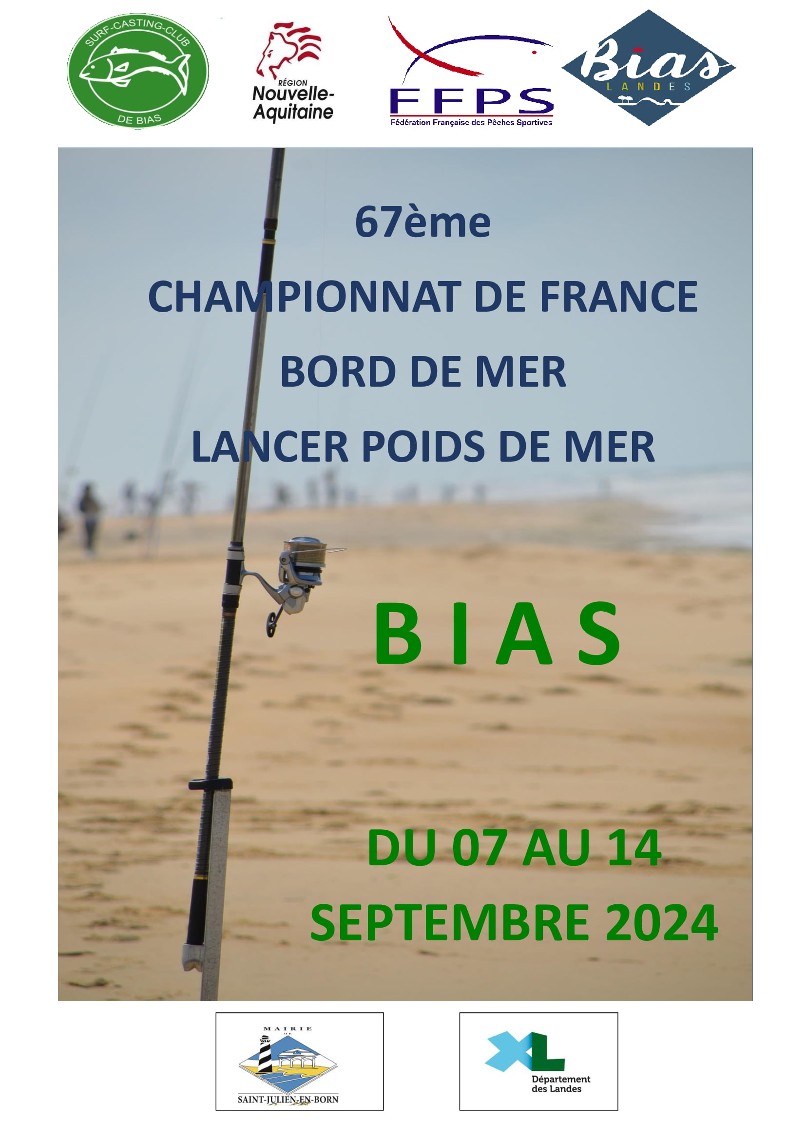 Affiche des Championnats de France Adultes de Surfcasting - 09 au 14 septembre 2024 - Bias