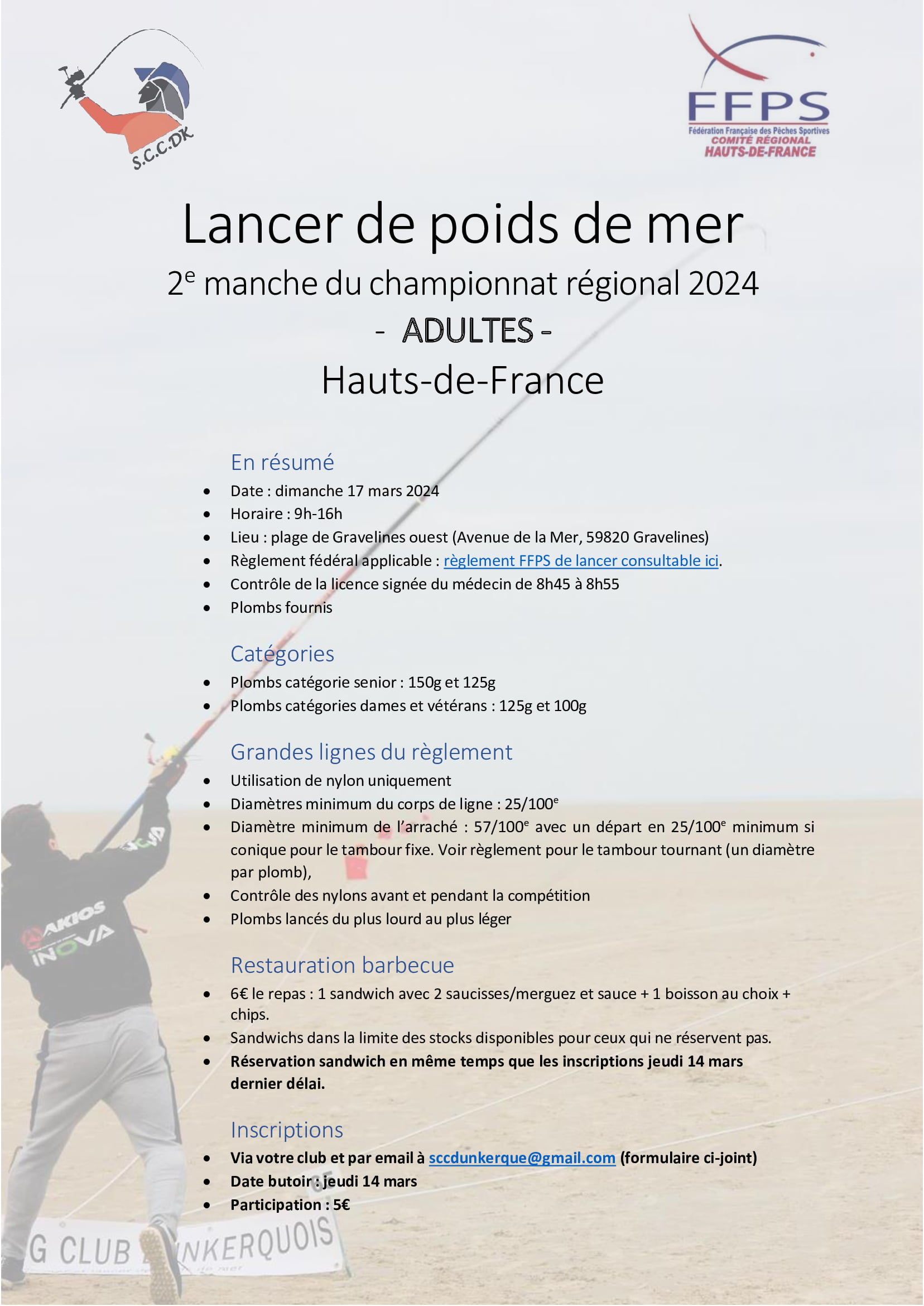 Plaquette de la 2ème manche du Championnat régional des Hauts-de-France de Lancer de Poids de Mer du 17 mars 2024 à Gravelines.