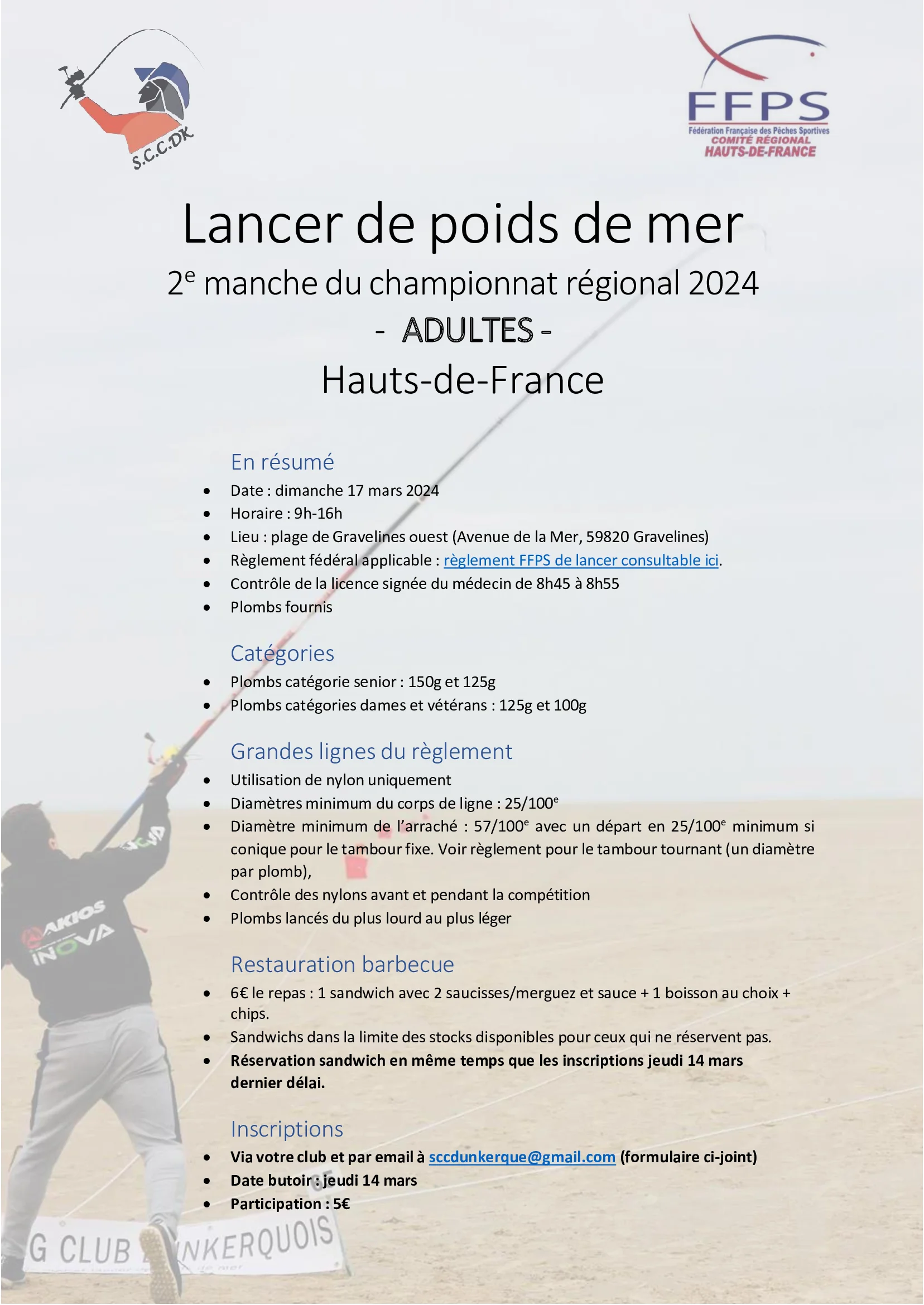 Plaquette de la 2ème manche du Championnat régional des Hauts-de-France de Lancer de Poids de Mer du 17 mars 2024 à Gravelines.