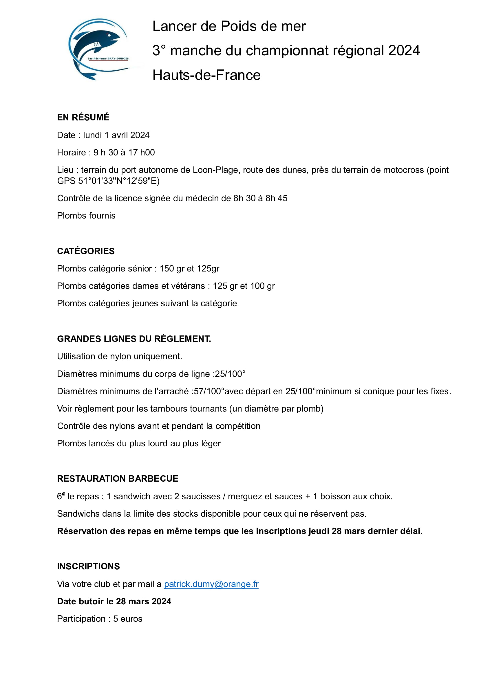 Plaquette du concours de Lancer de poids de mer - 01 avril 2024 - Loon-Plage