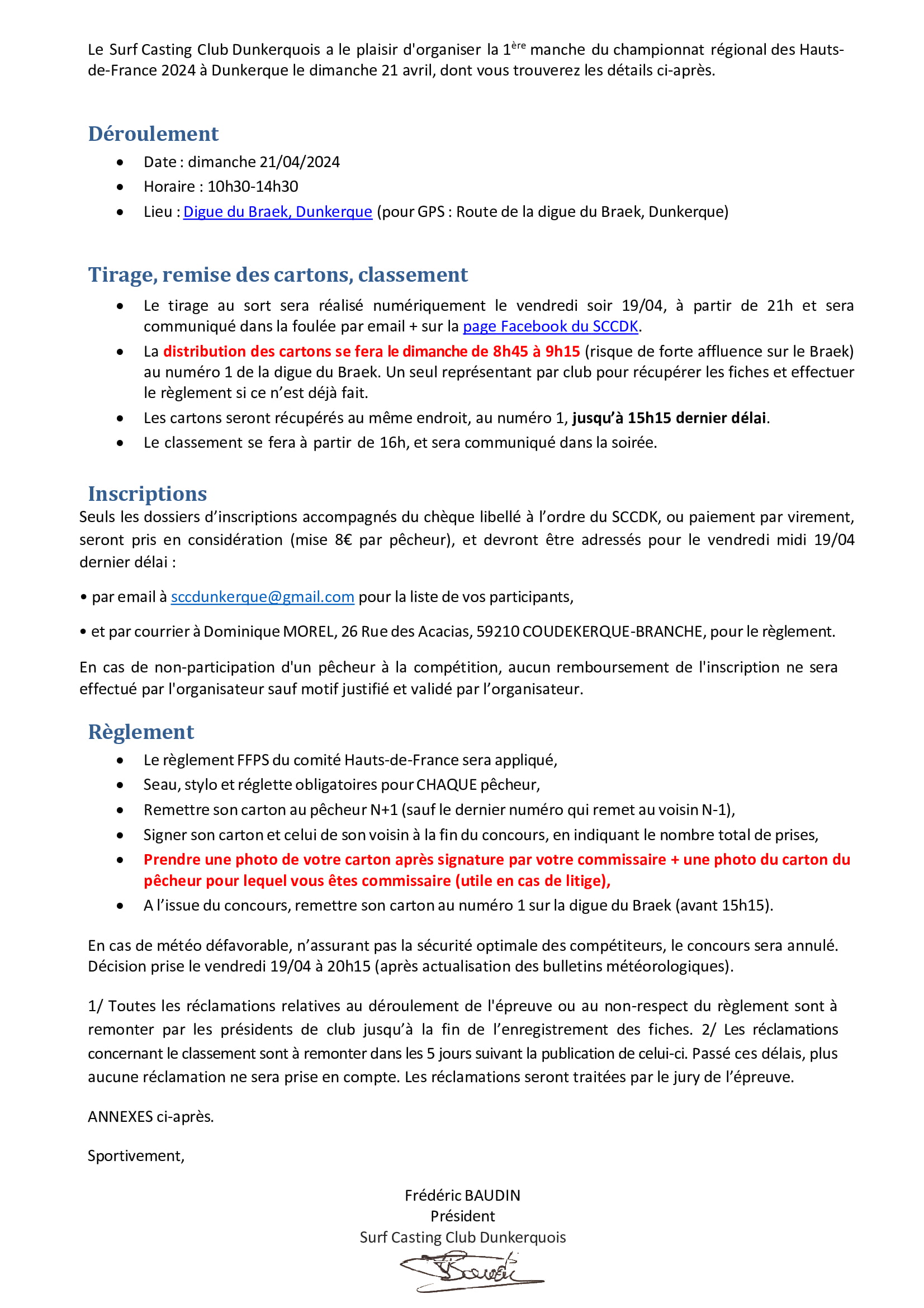 Déroulé -1ere manche regionale de pêche en Bord de mer (Surfcasting) - 21 avril 2024 - Dunkerque